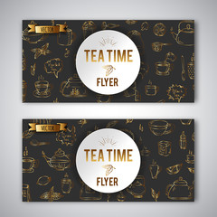 Hand drawn doodle Tea time icon set. Vector illustration. Isolated drink symbols collection. Cartoon poster template beverage element: mug cup teapot leaf bag spice plate mint, herbal, sugar, lemon.