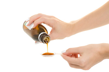 Female hand syrup for throat pour into a spoon