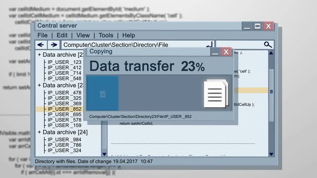 Abstract animation of working screen of abstract computer OS with data transfering files or datas with error! Internet network computer concepts.