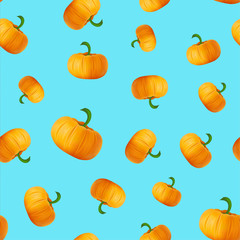 Seamless pattern with pumpkins on blue background. Autumn or fall season repeating print layout. Vector seasonal texture design for thanksgiving or harvest festival.