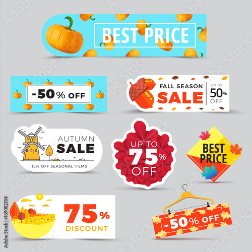 Promotion Web Banners With Autumn Background Promo Fall Season Promo Fall Season Label Or Tag Layouts With Patterns And Rural Landscapes Vector Seasonal Sticker Templates Design