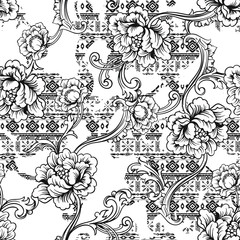 Eclectisch stoffen naadloos patroon. Etnische achtergrond met barok ornament.