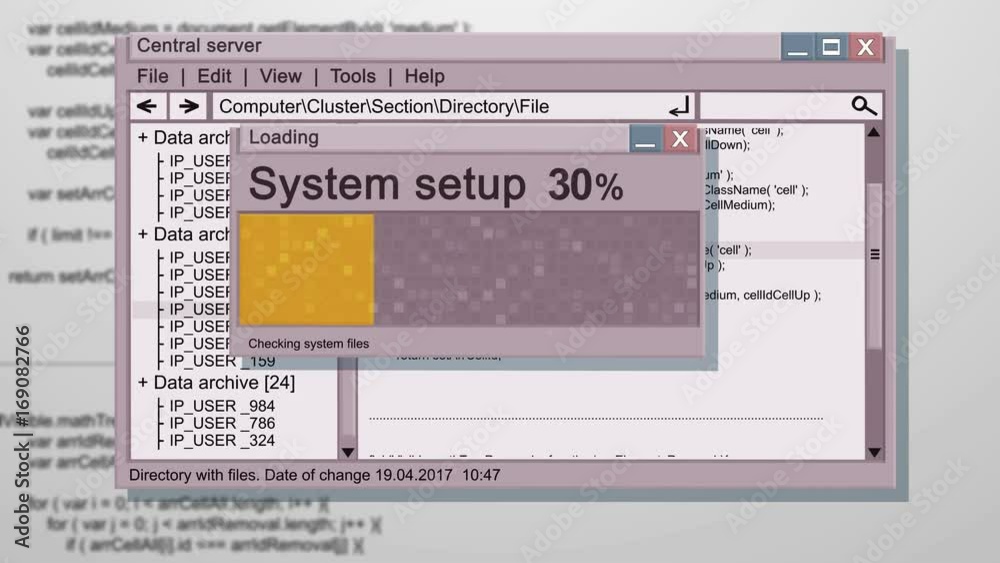 Poster abstract animation of working screen of abstract computer os with system install or setup with error