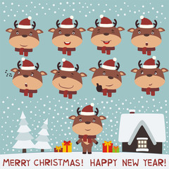 Merry christmas and Happy new year! Set face reindeer for christmas and new year design. Collection isolated heads of reindeer in cartoon style.
