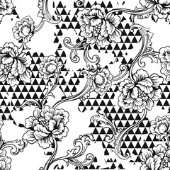 Poster Eclectisch stoffen naadloos patroon. Geometrische achtergrond met barok ornament © Nadia Grapes