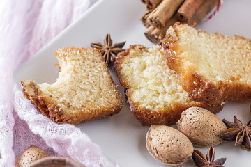 Homemade cinnamon cake and almonds