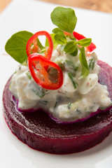 Beet salad with cottage cheese garlic herbs and chilli