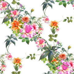 Watercolor painting of leaf and flowers, seamless pattern on white background
