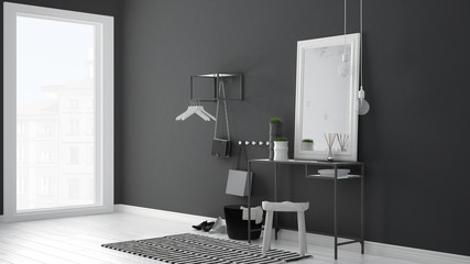 Scandinavian entrance lobby hall with table, stool, carpet and mirror, minimalist white and gray interior design
