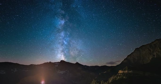 Time Lapse of the Milky way and the starry sky rotating over the majestic Italian French Alps in summertime. Static version.