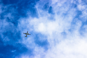 Airplane in the cloudy sky. Travel concept