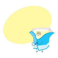 Funny cream butter character with smiling human face wrapped in foil, cartoon vector illustration with space for text. Cute and funny milk butter character, dairy product mascot in foil wrap