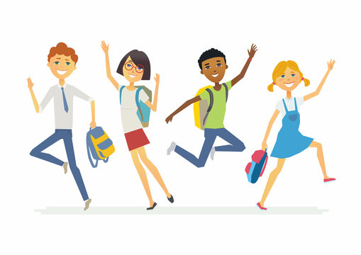 Happy jumping schoolchildren - cartoon people characters isolated illustration