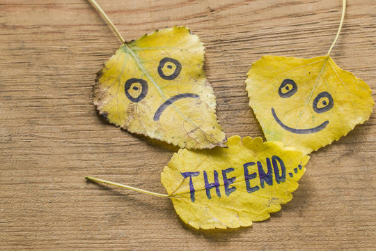 Yellow leaves with a picture of a happy and sad face and the inscription THE END