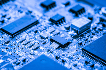 Abstract, Close up at electronic circuits, we see the technology of the mainboard, which is the...