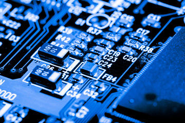 Abstract, Close up at electronic circuits, we see the technology of the mainboard, which is the...