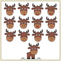 Set face funny deer in cartoon style. Collection isolated heads of deer on white background.