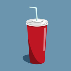 Vector illustration drink cola on the blue backgroud. Soda drink in paper cup with tubule.