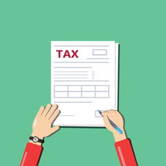 Man filling documents. Men's hands hold the pen and fill tax form. Top view. Modern flat design on the green background. Illustration