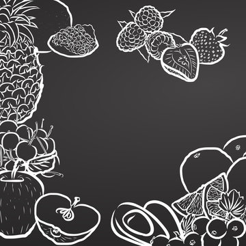 Healty Fruits, Chalk Drawing on Blackboard