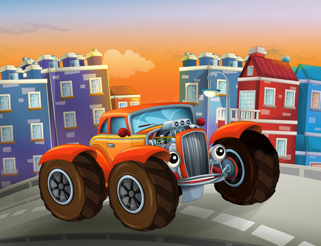 happy cartoon hot rod driving through the city - illustration for children