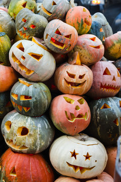 Stack of carved pumpkins for Halloween