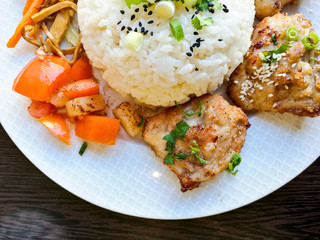 Rice and chicken on white plate