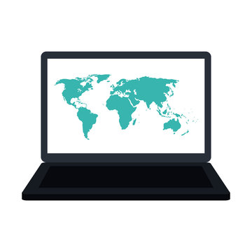 laptop computer with world map on screen icon image vector illustration design