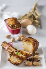 Homemade cinnamon cake and almonds