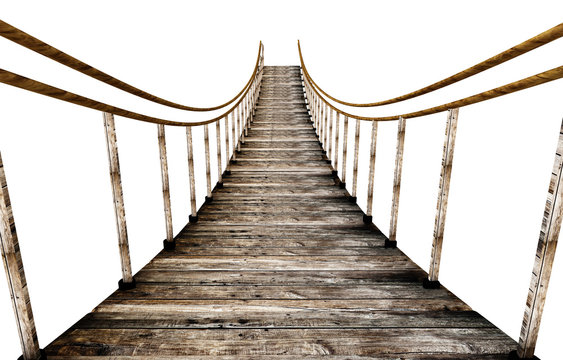 Old wooden suspended bridge isolated on white background. 3D illustration