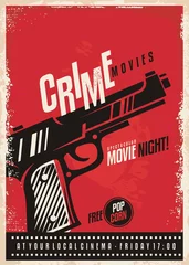 Poster Crime movies poster design template with gun on red background. Pistol graphic on cinema poster. © lukeruk