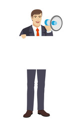 Businessman with loudspeaker holding white blank poster