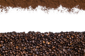 White background with coffee beans and ground coffee on below and above