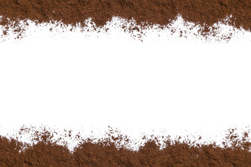 White background with ground coffee on below and above