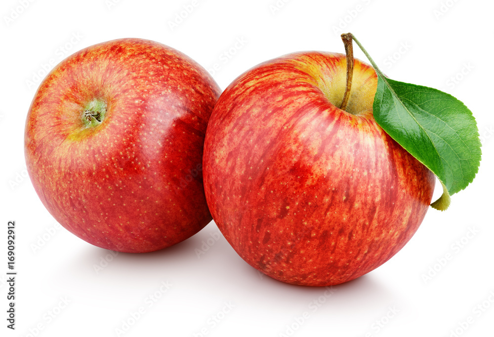 Sticker Two ripe red apple fruits with green leaf isolated on white background. Red apples with clipping path