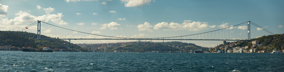 Panoramic view of Fatih Sultan Mehmet Suspension Bridge over Bosphorus in Istanbul Turkey