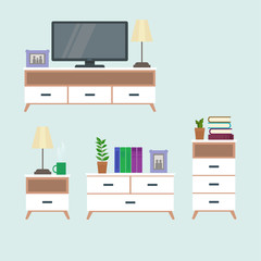 Set of living room furniture in modern style, a tv table. Flat style vector design template