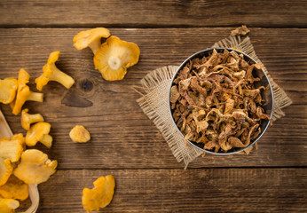 Dried Chanterelles close-up shot, selective focus