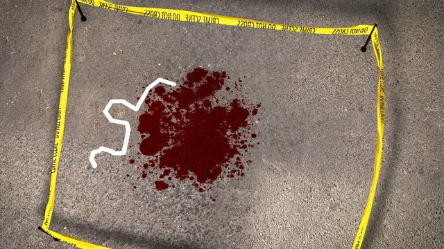 Do Not Cross tape around a crime scene with a blood spot and a human body contour. 