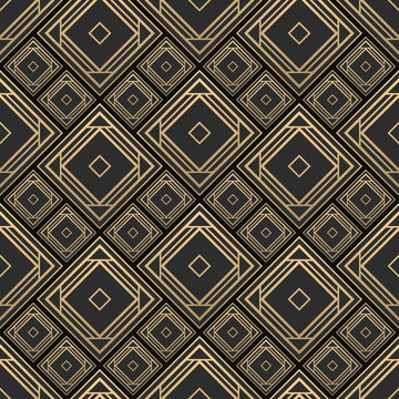 Seamless pattern in Art Deco style. Black and golden tilework. 3d effect ceramic tiles. Luxury background.