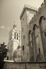 Monochromatic photo of the Papal palace in Avignon (France). Edited as a vintage photo.