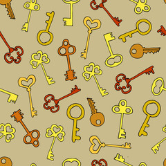 Hand drawn doodle seamless background with hand drawn keys.