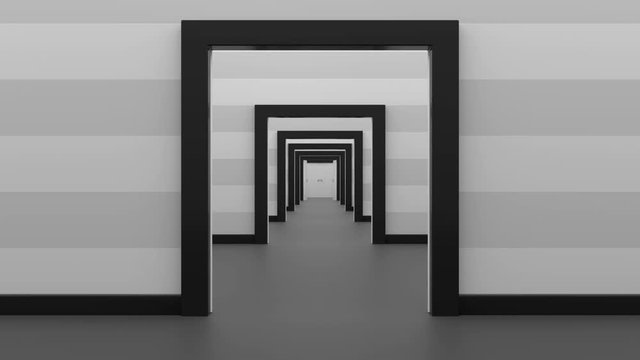 Many double doors open and the camera flies through all of them.
Animation of opening double doors one by one.
