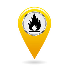 Map pointer. Index of flammable substances in the area map. Safety symbol. The yellow object on a white background. Vector illustration.