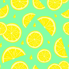 Seamless pattern with yellow lemon slices and blots