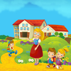 Obraz na płótnie Canvas Cartoon nature scene with children on the trip to school - illustration for children