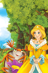 Obraz na płótnie Canvas cartoon fairy tale scene with a young princess in the forest talking to happy gib colorful bug sitting on a flower - illustration for children