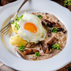 Forest mushroom sauce with fresh mushrooms, potato and poached egg