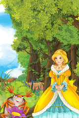 Obraz na płótnie Canvas cartoon fairy tale scene with a young princess in the forest talking to happy gib colorful bug sitting on a flower - illustration for children