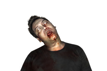 Halloween Concept. Portrait half body of Asian zombie man with blood standing over forest background